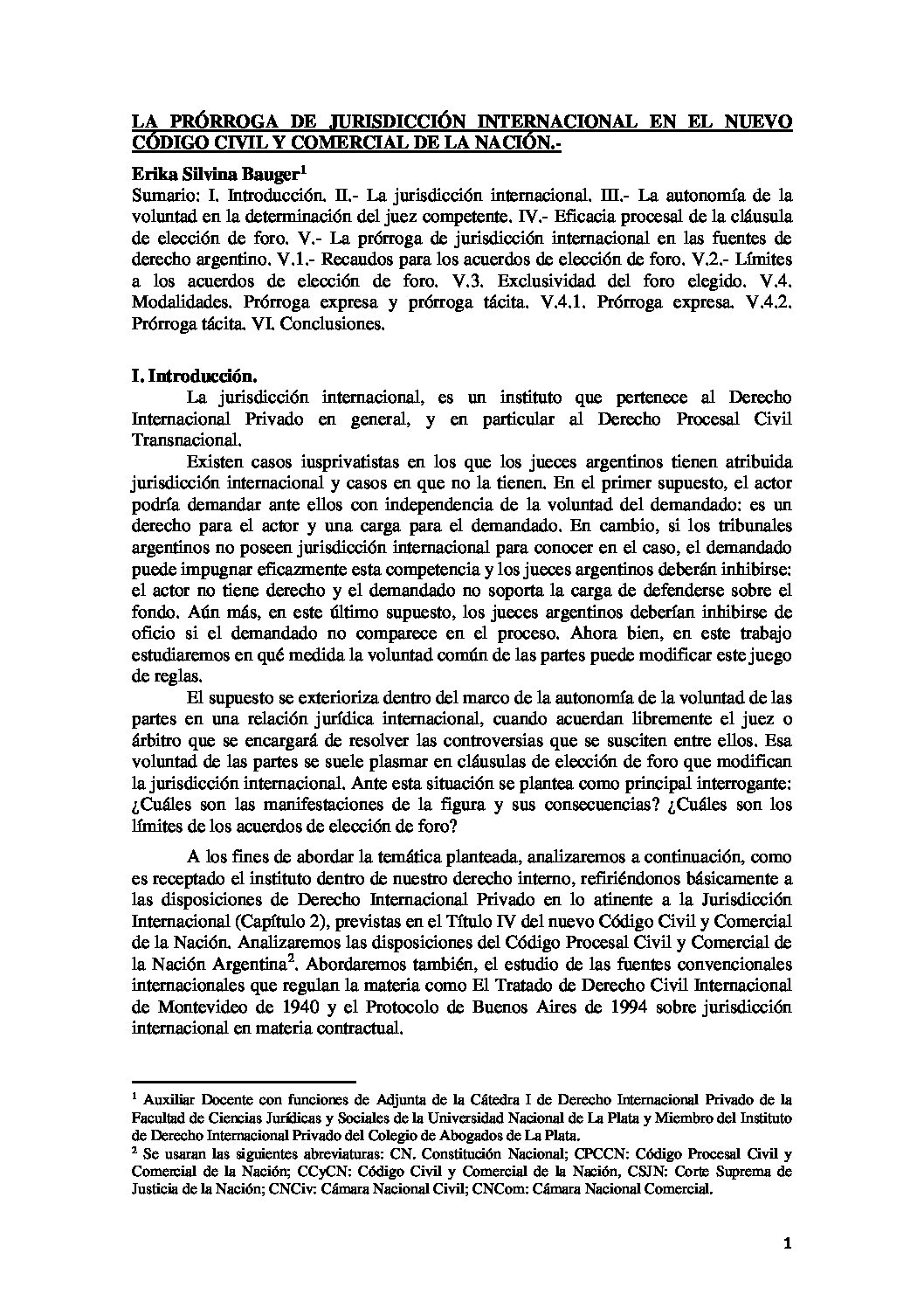 La Prórroga de Jurisdicción Internacional en el nuevo Código Civil y Comercial de la Nación