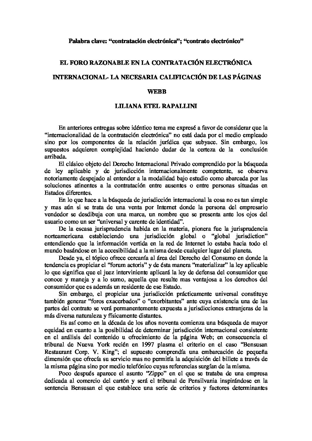 El foro razonable en la contratación electrónica internacional. La necesaria calificacion de la paginas web