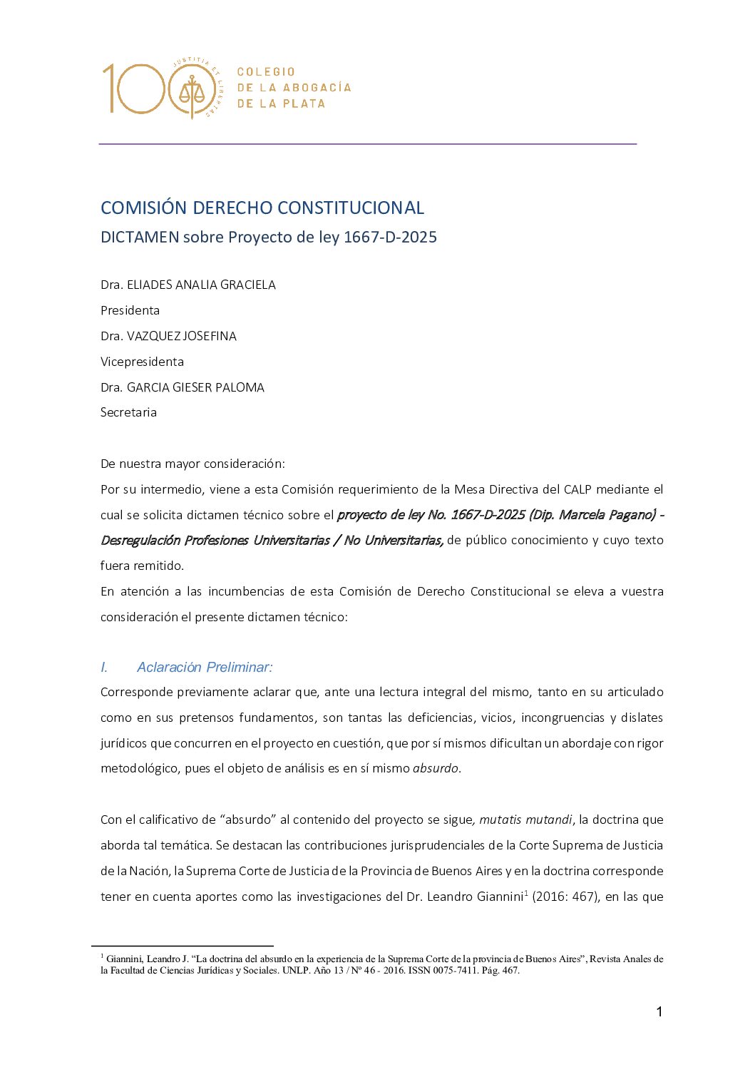 DICTAMEN Proyecto de ley 1667-D-2025 COMISIÓN DERECHO CONSTITUCIONAL
