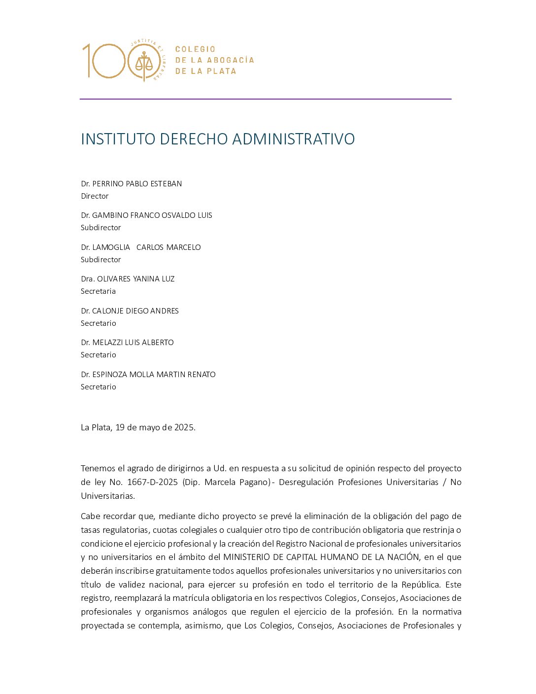 DICTAMEN Proyecto de ley 1667-D-2025 INSTITUTO DERECHO ADMINISTRATIVO