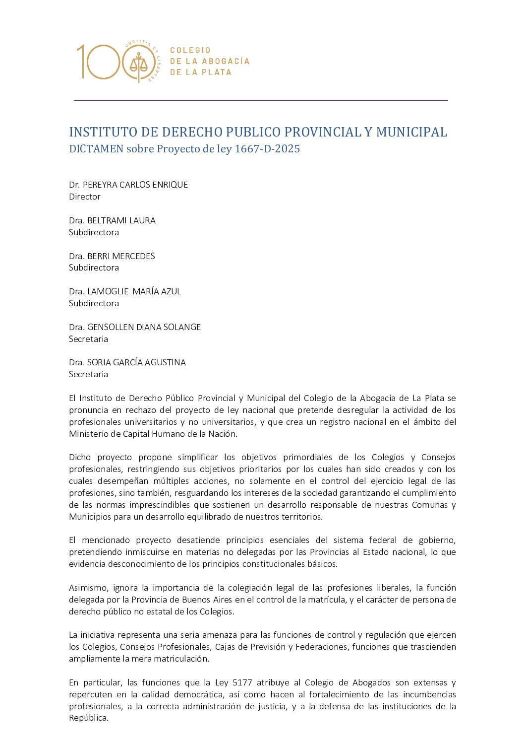 DICTAMEN Proyecto de ley 1667-D-2025 INSTITUTO DERECHO PUBLICO PROVINCIAL Y MUNICIPAL