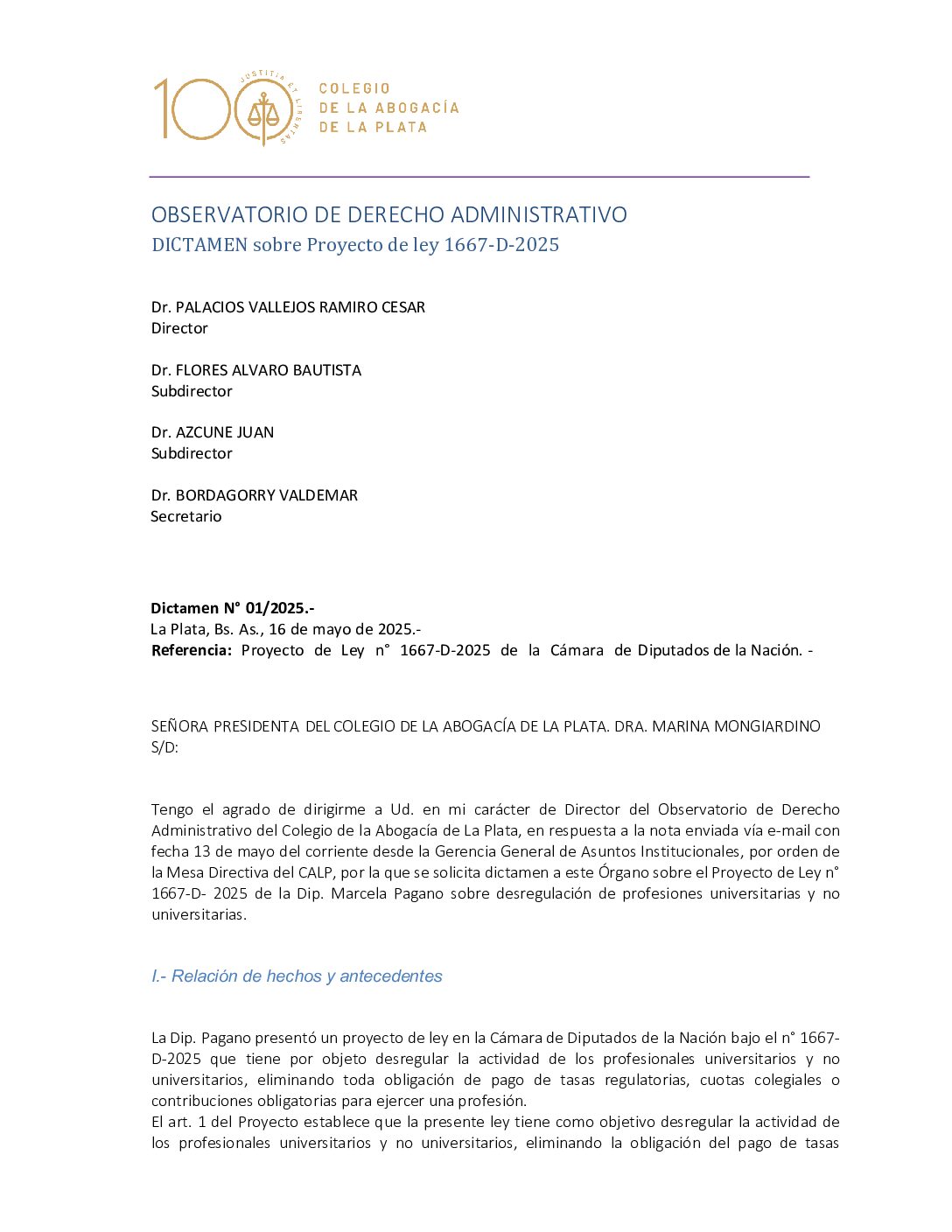 DICTAMEN Proyecto de ley 1667-D-2025 OBSERVATORIO DE DERECHO ADMINISTRATIVO