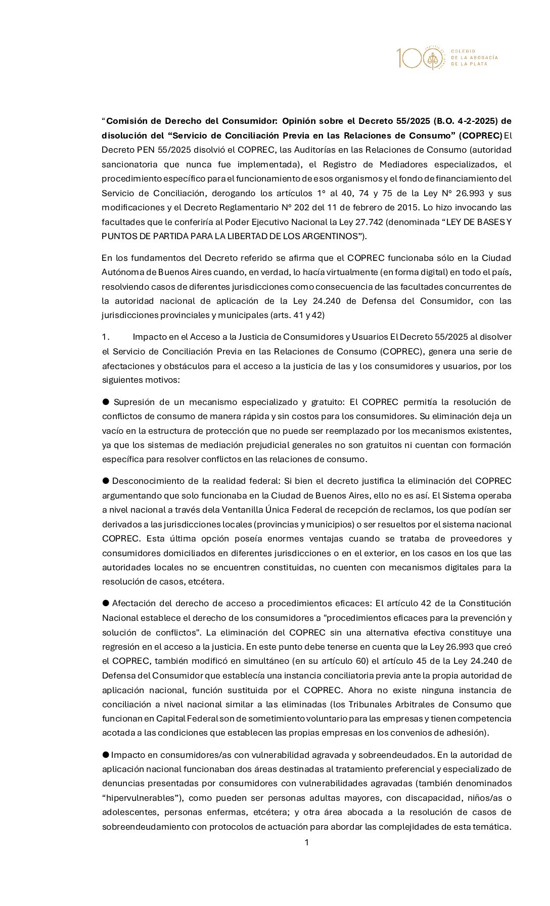 DICTAMEN sobre disolución del Servicio de Conciliación Previa en las Relaciones de Consumo.